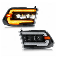 2009-2018 Ram 1500/2500/3500 & 2019-2024 Ram 1500 Classic Halogen Dual Projector Headlights — main product view with lights on and off — H-RAM09-H7