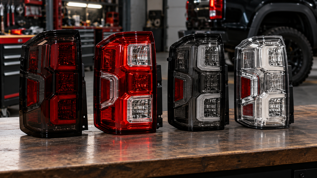 Four smoked clear red and white tail light options on a workshop bench