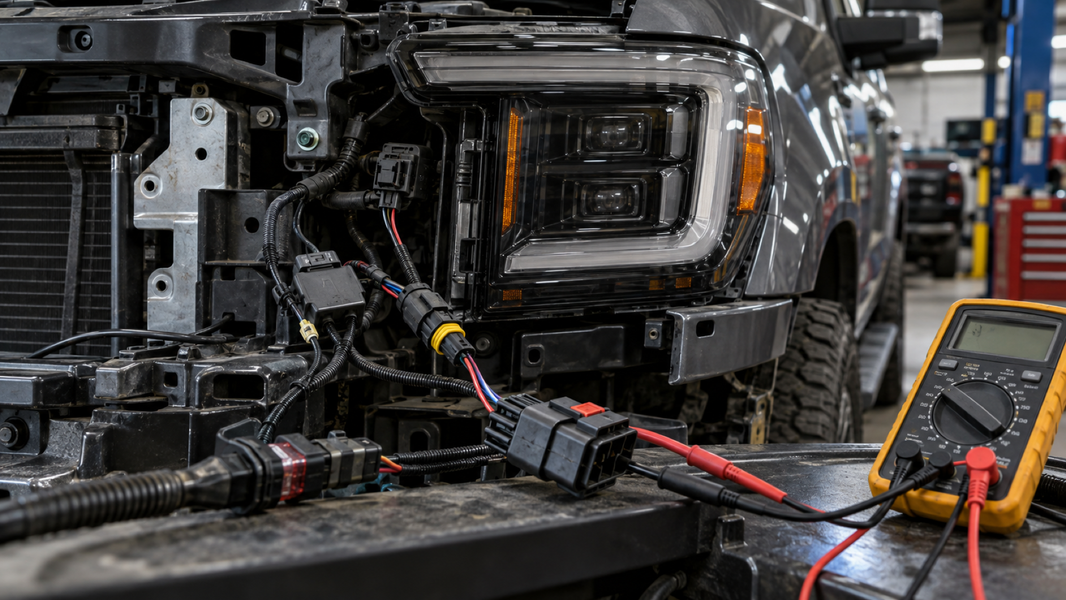 LED headlight troubleshooting with wiring harness and multimeter