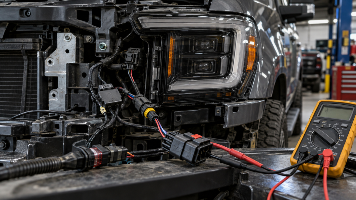 LED headlight troubleshooting with wiring harness and multimeter