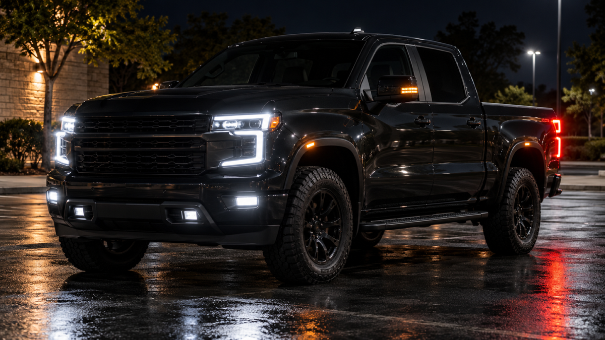 Truck LED headlights and tail lights operating normally at night