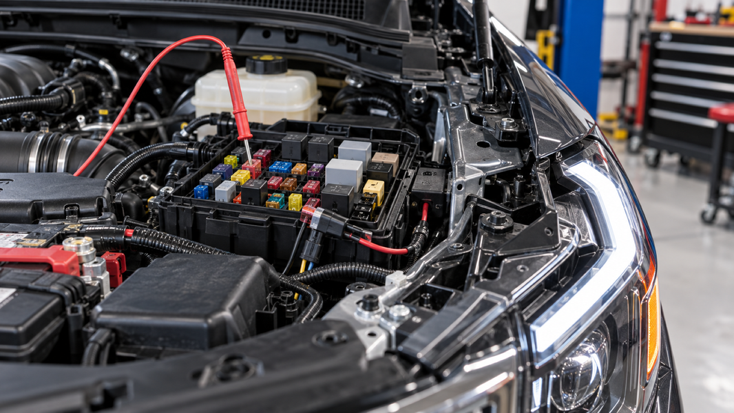 Engine bay fuse box switched power test for headlight DRL wiring