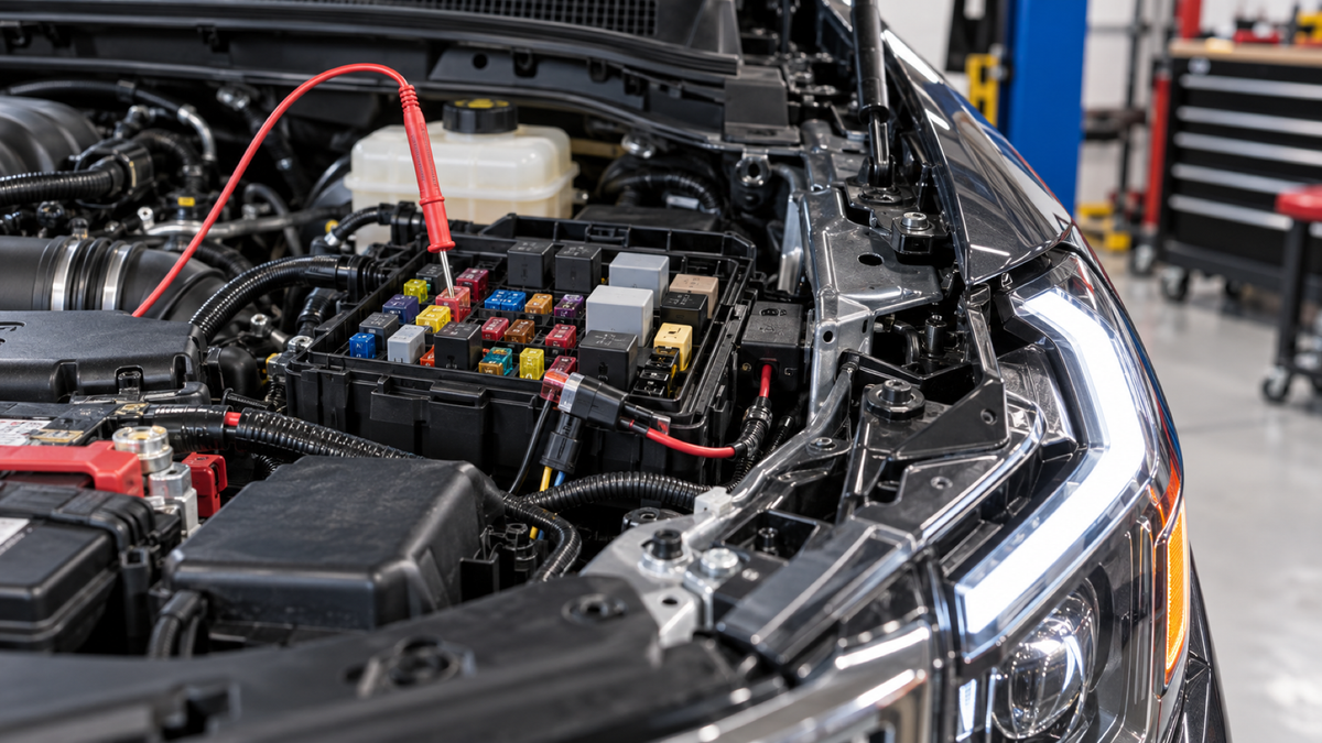 Engine bay fuse box switched power test for headlight DRL wiring