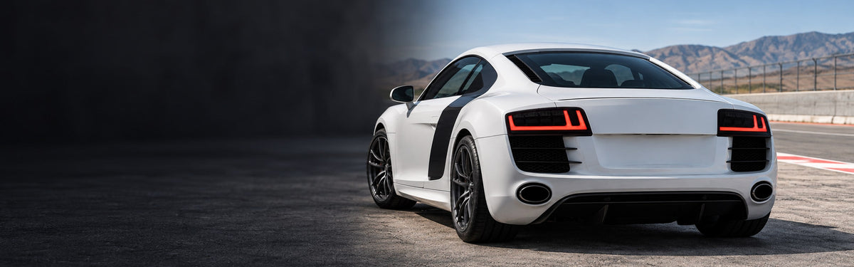 RIGNOX audi r8 tail lights installed scene with clear left copy space