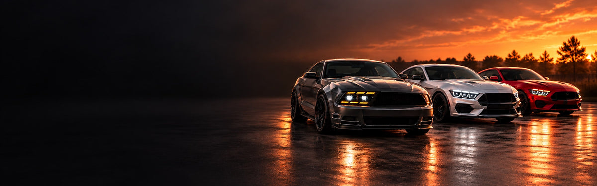 Three Ford Mustang generations with RIGNOX aftermarket projector headlights