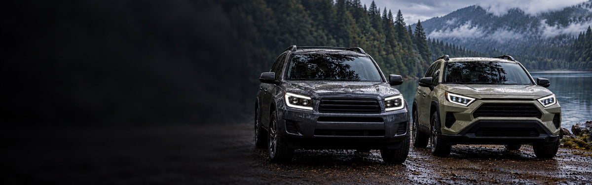 Two Toyota RAV4 generations with RIGNOX projector headlights beside a mountain lake