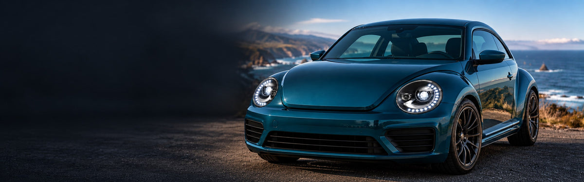 RIGNOX beetle headlights installed scene with clear left copy space