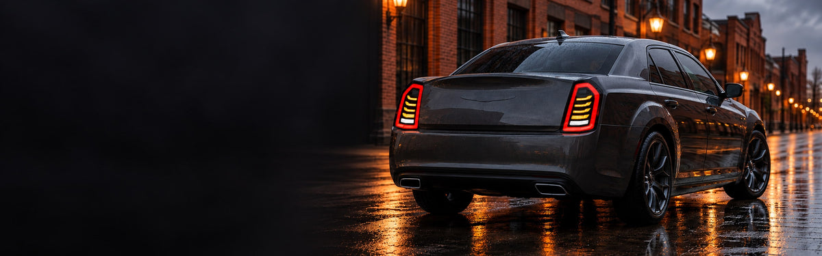 RIGNOX chrysler 300 tail lights installed scene with clear left copy space