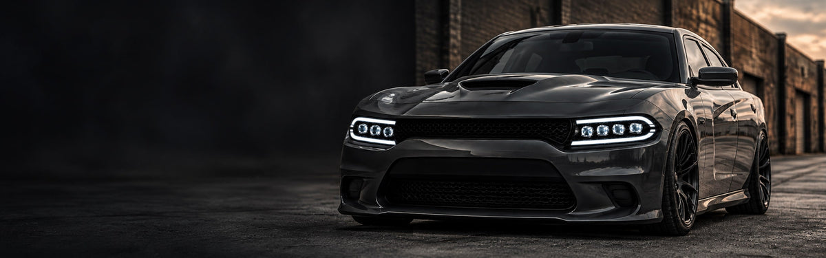 RIGNOX charger headlights installed scene with clear left copy space