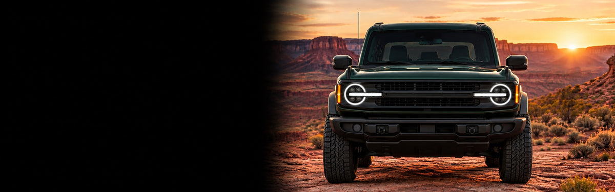 RIGNOX bronco headlights scene installed aftermarket lights with clear left copy space
