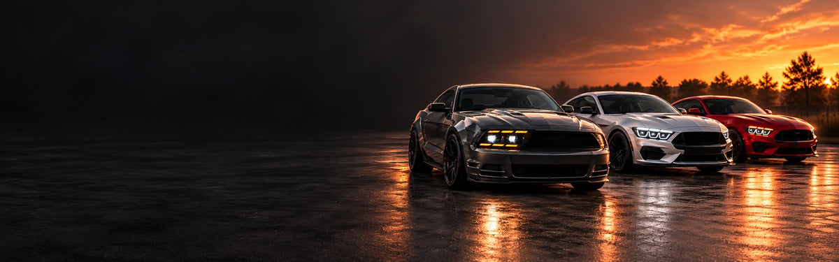 RIGNOX mustang headlights installed scene with clear left copy space