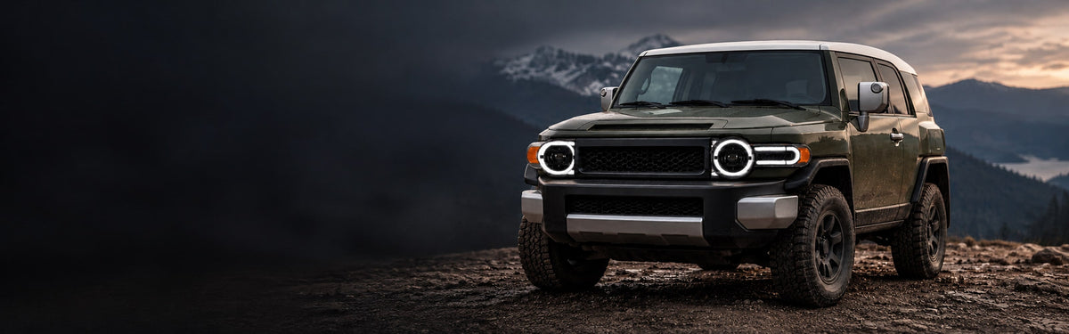 RIGNOX fj cruiser headlights installed scene with clear left copy space