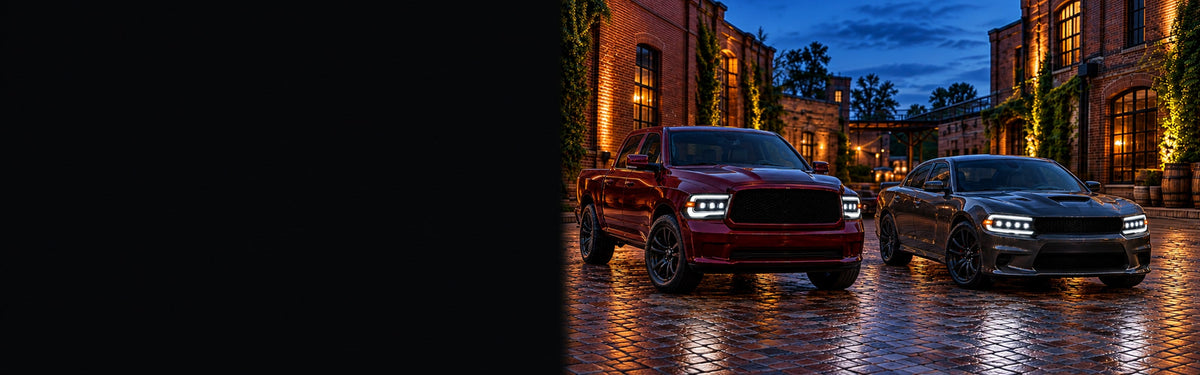 Ram and Charger with RIGNOX triple and quad projector headlights in a brick courtyard