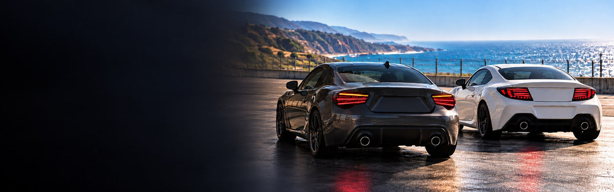 Toyota 86 and GR86 with RIGNOX sequential tail lights at a coastal garage