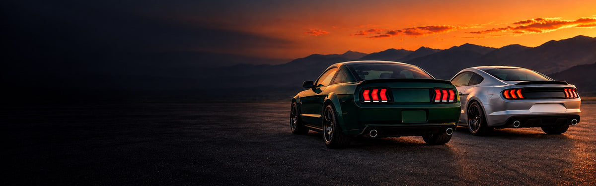 Two Ford Mustang generations with RIGNOX chevron tail lights at a mountain sunset