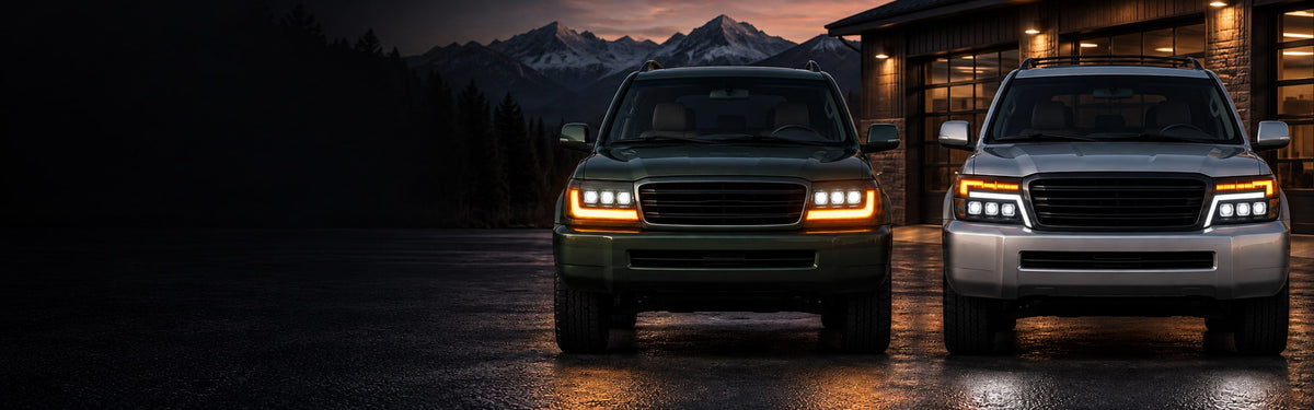 Two Toyota Land Cruiser generations with RIGNOX triple projector headlights at a mountain garage