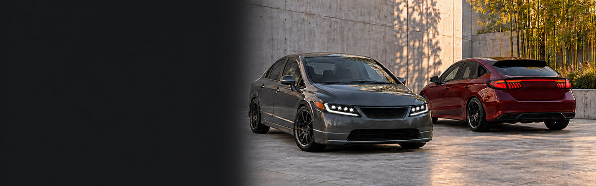 Honda Civic sedan with RIGNOX quad projector headlights and Civic hatchback with RIGNOX sequential tail lights in a concrete courtyard