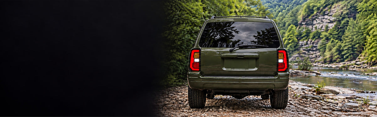 RIGNOX jeep grand cherokee tail lights aftermarket installed scene with clear left copy space