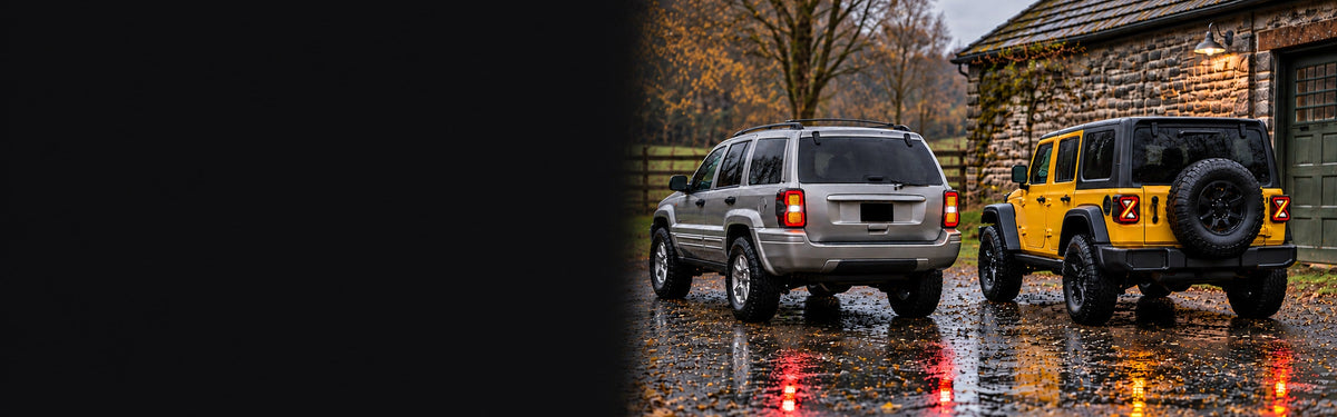 RIGNOX jeep tail lights brand scene with aftermarket lights and clear left copy space