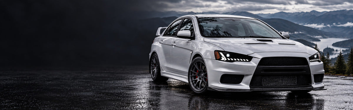 RIGNOX lancer evo headlights installed scene with clear left copy space