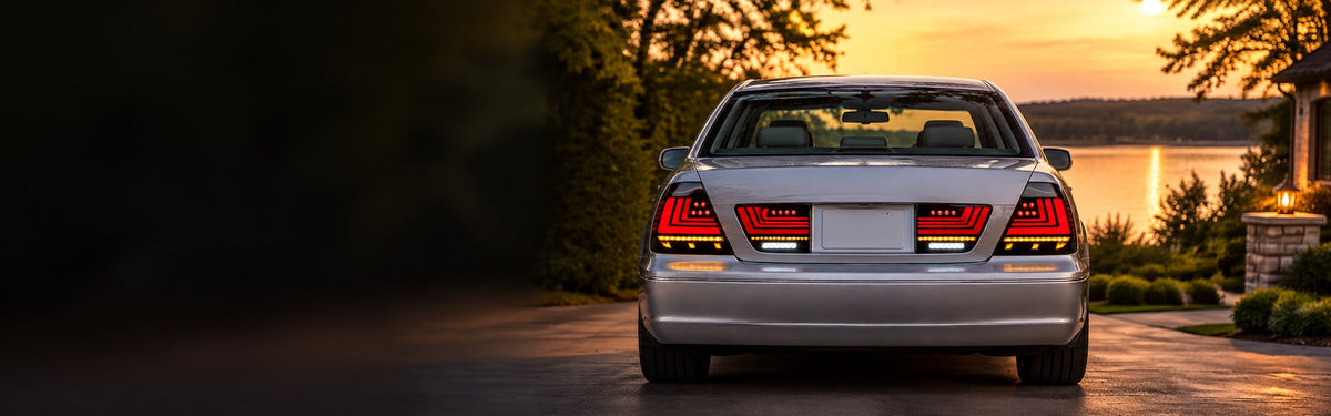 RIGNOX Lexus LS430 aftermarket four-piece tail lights lakeside scene with clear left copy space
