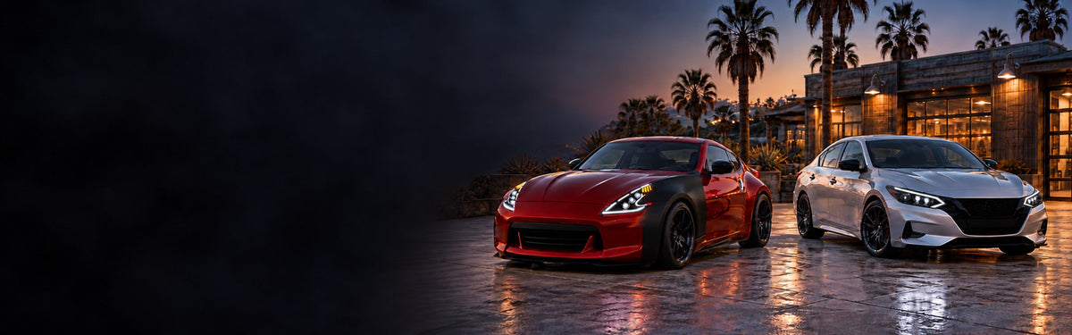 Nissan 370Z and Sentra with RIGNOX aftermarket headlights at a coastal workshop