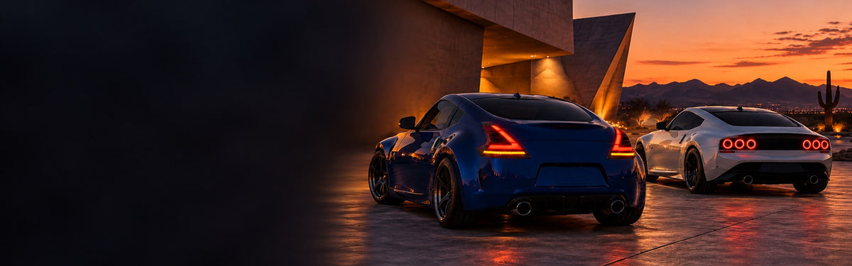 Nissan 370Z and Z with RIGNOX sequential and triple halo tail lights in a desert courtyard