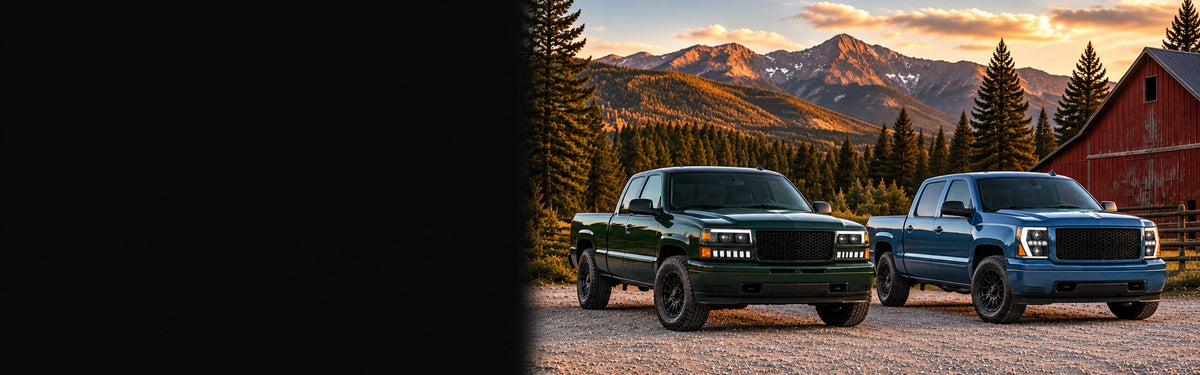 Two generations of Silverado with RIGNOX projector headlights beside a mountain barn