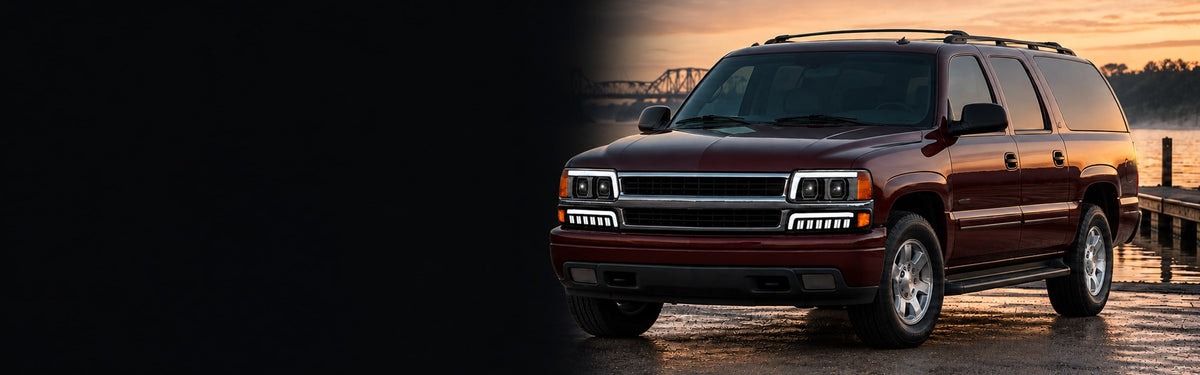 RIGNOX suburban headlights scene installed aftermarket lights with clear left copy space