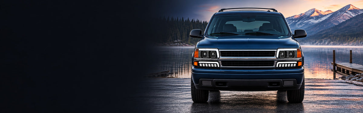 RIGNOX tahoe headlights scene installed aftermarket lights with clear left copy space