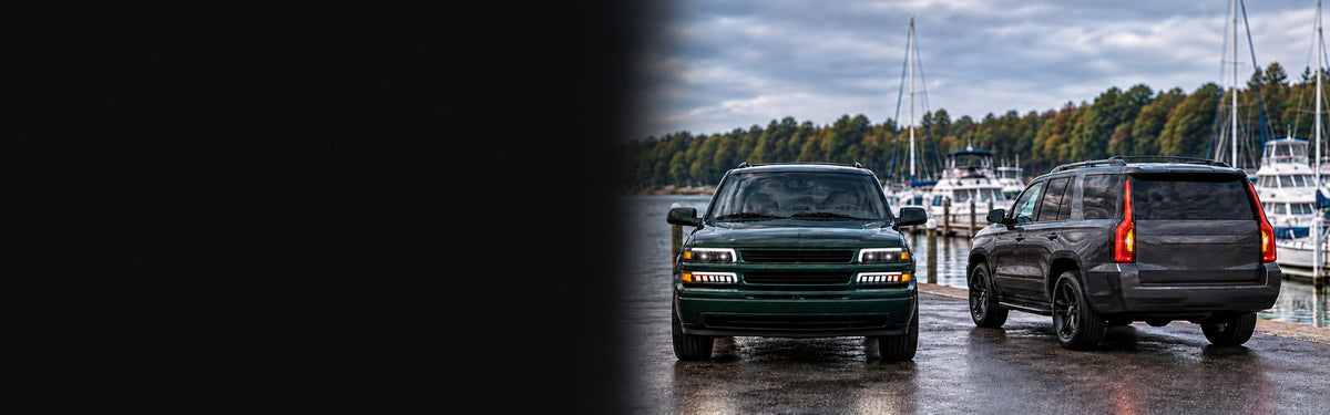 RIGNOX tahoe model scene with aftermarket lights and clear left copy space