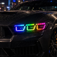2024-2026 Ford Mustang S650 LED Triple Projector Headlights — show car scene — H-MUS24-CL-RGB