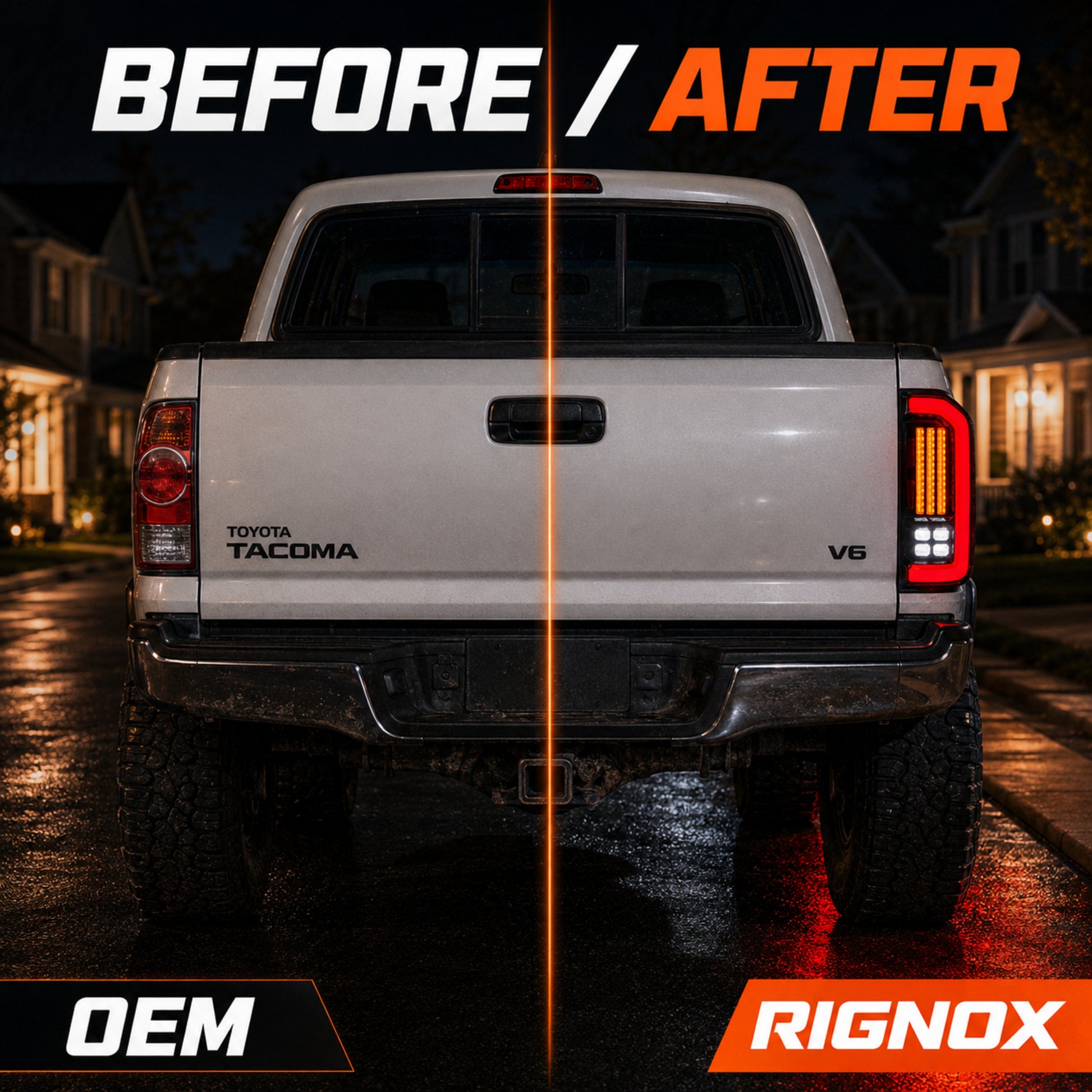 1995-2004 Toyota Tacoma Sequential LED Tail Lights — smoked red LED before after house night — T-TACO95