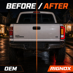 1995-2004 Toyota Tacoma Sequential LED Tail Lights — smoked red LED before after house night — T-TACO95