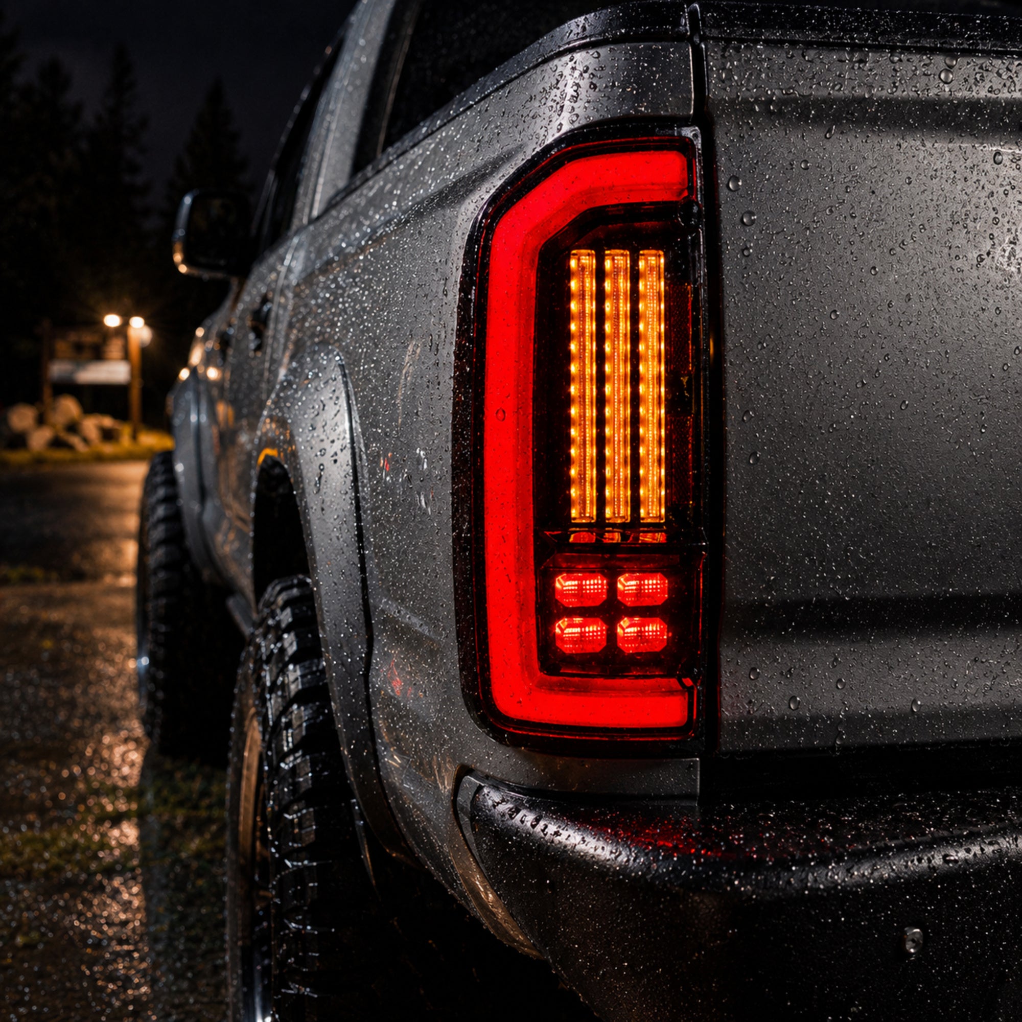 1995-2004 Toyota Tacoma Sequential LED Tail Lights — smoked red LED rain close up night — T-TACO95