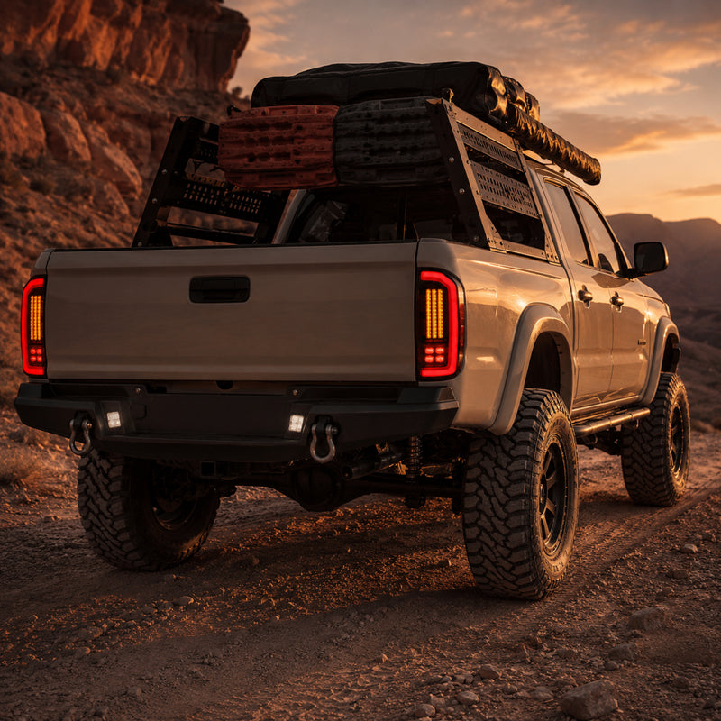 1995-2004 Toyota Tacoma Sequential LED Tail Lights — smoked red LED rear45 dusk trail — T-TACO95