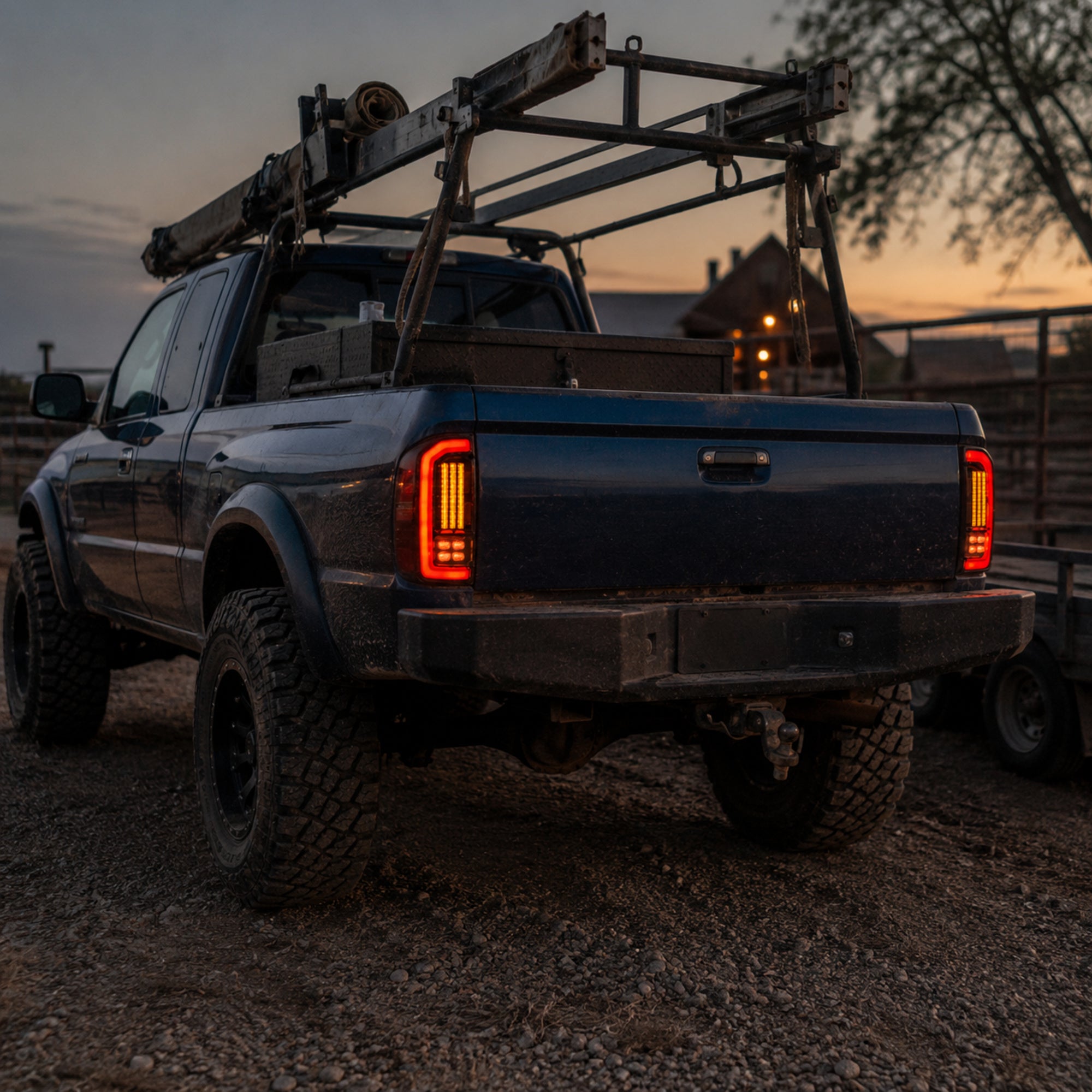 1995-2004 Toyota Tacoma Sequential LED Tail Lights — smoked red LED work truck yard — T-TACO95
