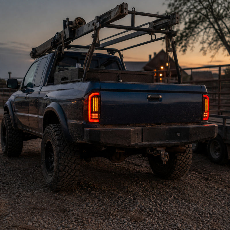 1995-2004 Toyota Tacoma Sequential LED Tail Lights — smoked red LED work truck yard — T-TACO95