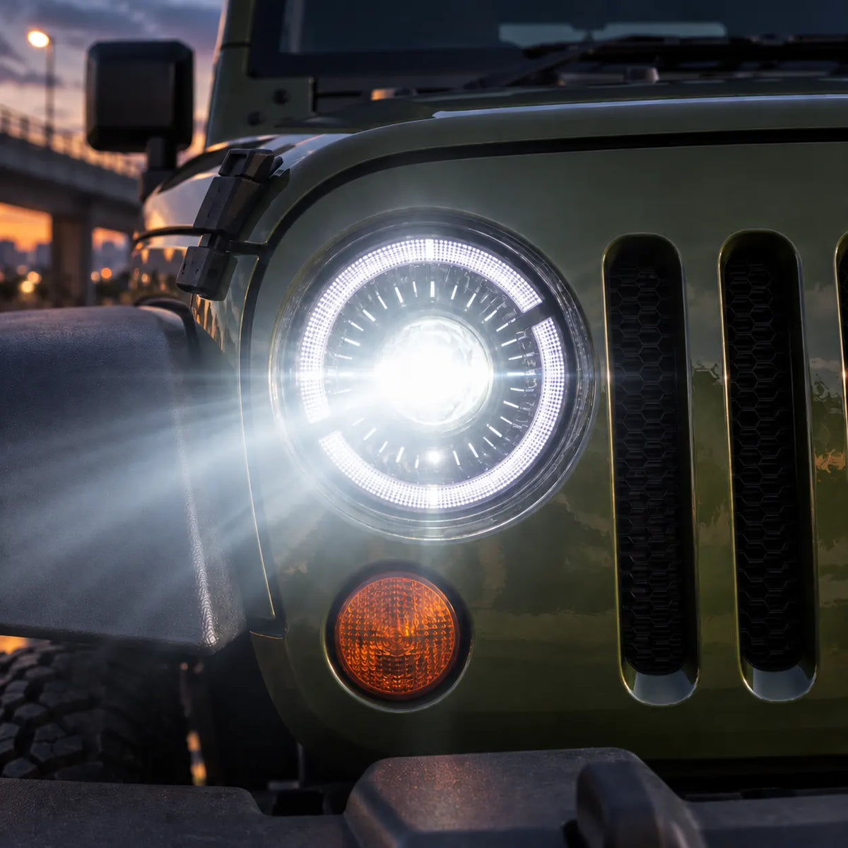 1997-2018 Jeep Wrangler TJ & JK 7-Inch Round LED Projector Headlights Assembly — Pair — Lights On Close-Up — H-WRA97-B