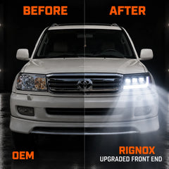 1998-2003 Toyota Land Cruiser 100 LED Triple Projector Headlights Assembly — before and after comparison — H-LC100-98