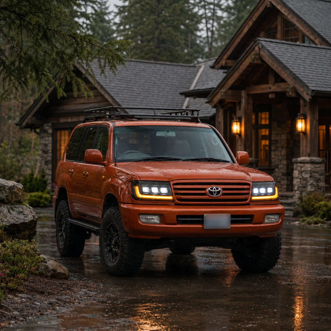 1998-2003 Toyota Land Cruiser 100 LED Triple Projector Headlights Assembly — driving in the daylight — H-LC100-98