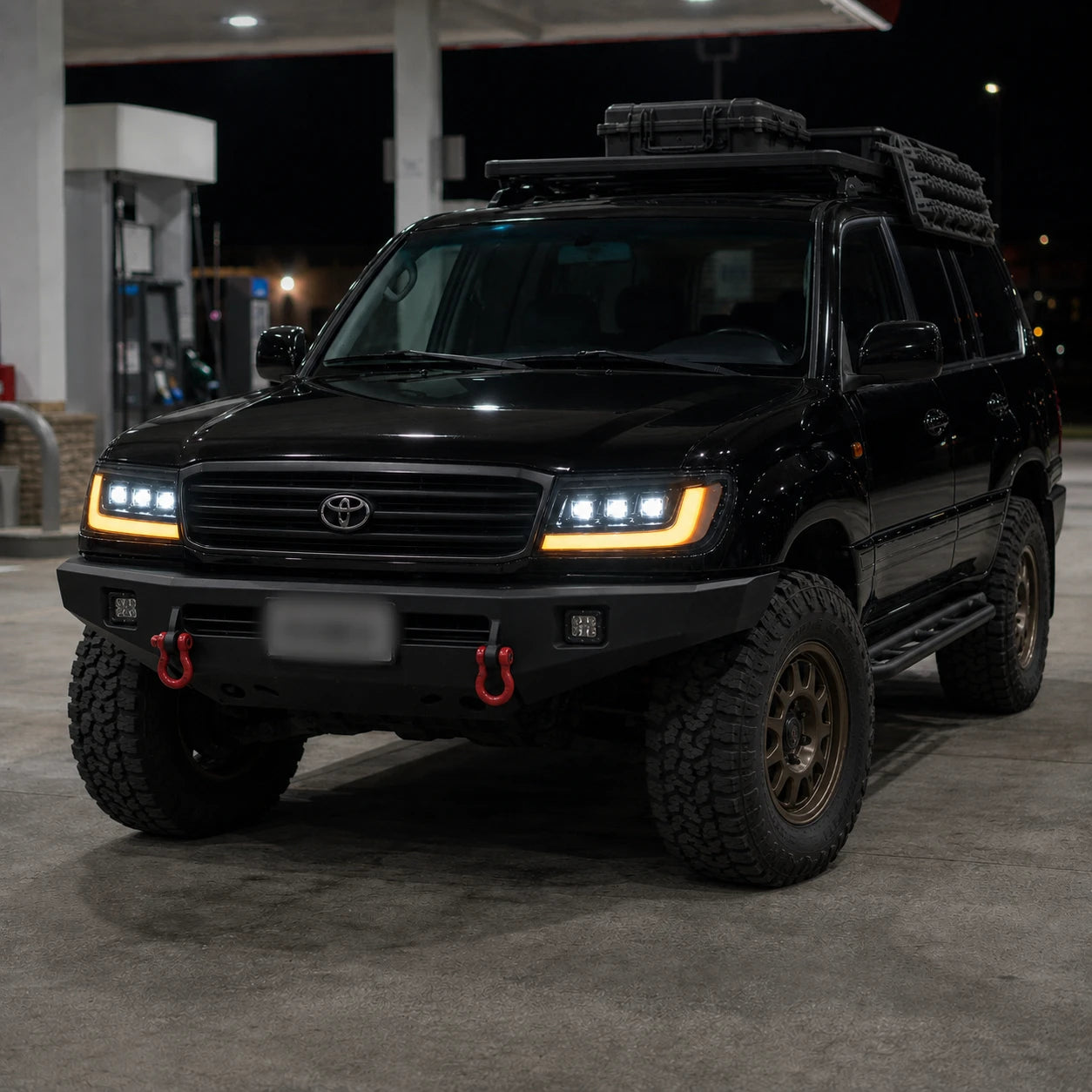1998-2003 Toyota Land Cruiser 100 LED Triple Projector Headlights Assembly — gas station look — H-LC100-98