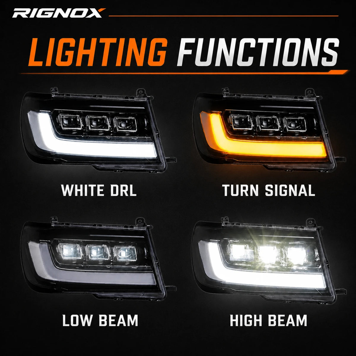 1998-2003 Toyota Land Cruiser 100 LED Triple Projector Headlights Assembly — lighting functions — H-LC100-98