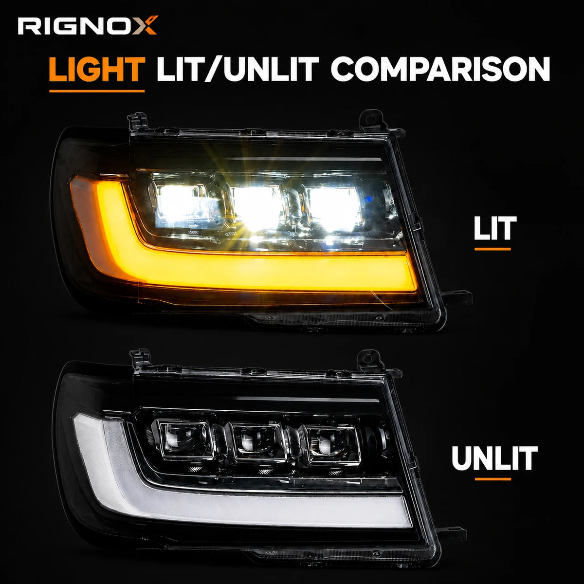 1998-2003 Toyota Land Cruiser 100 LED Triple Projector Headlights Assembly — lit unlit comparison — H-LC100-98