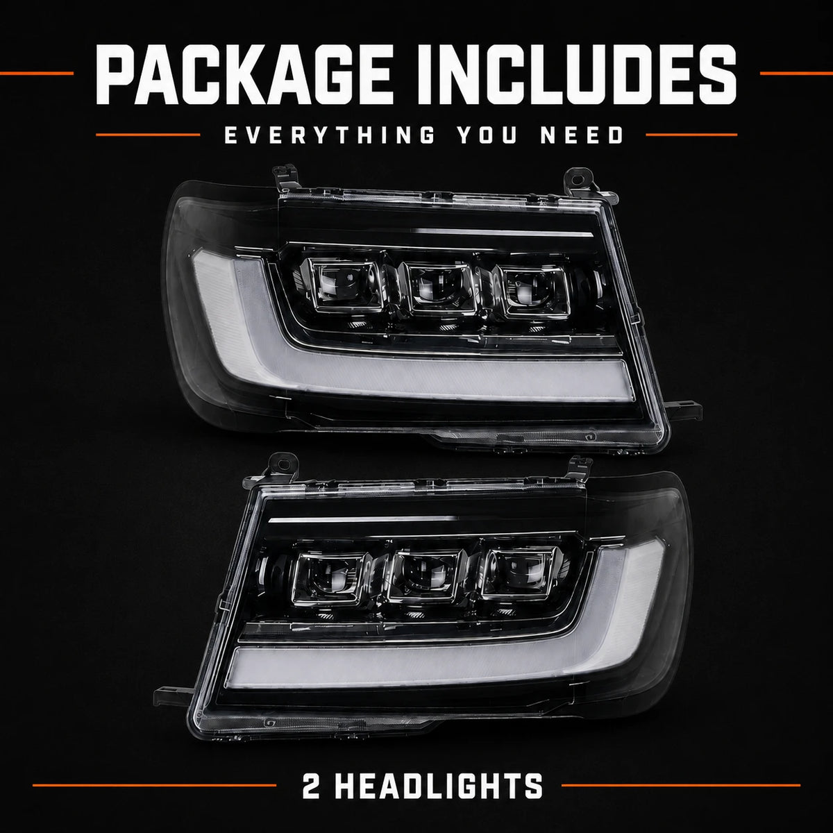 1998-2003 Toyota Land Cruiser 100 LED Triple Projector Headlights Assembly — package includes — H-LC100-98