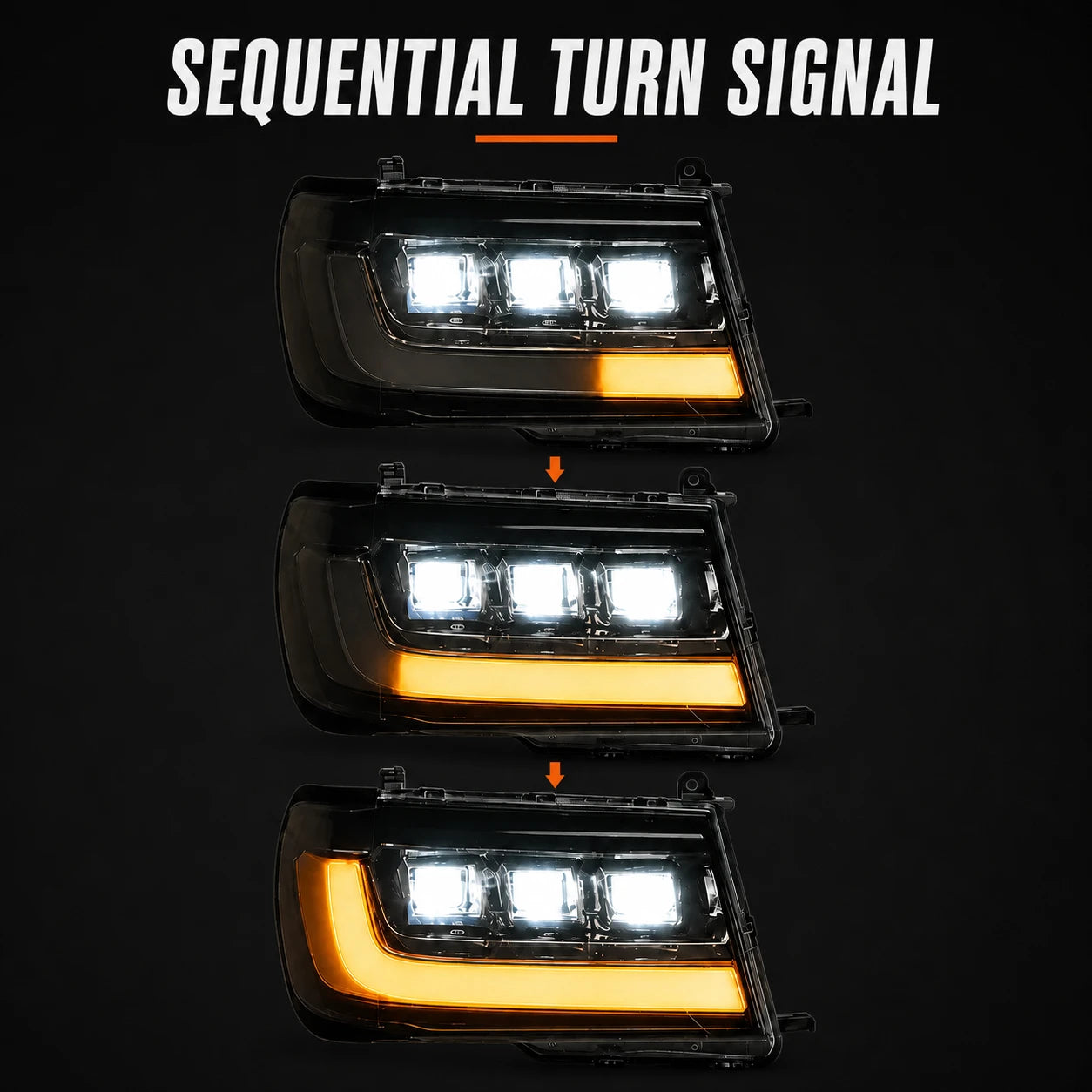 1998-2003 Toyota Land Cruiser 100 LED Triple Projector Headlights Assembly — sequential turn signal — H-LC100-98