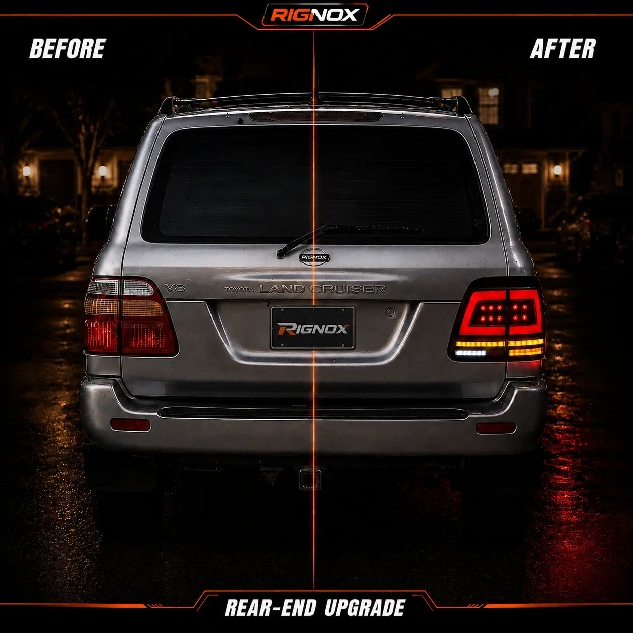 1998-2007 Toyota Land Cruiser 100 Sequential LED Tail Lights Assembly — before after comparison — T-LC100-98-RW