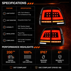 1998-2007 Toyota Land Cruiser 100 Sequential LED Tail Lights Assembly — specifications — T-LC100-98-SW