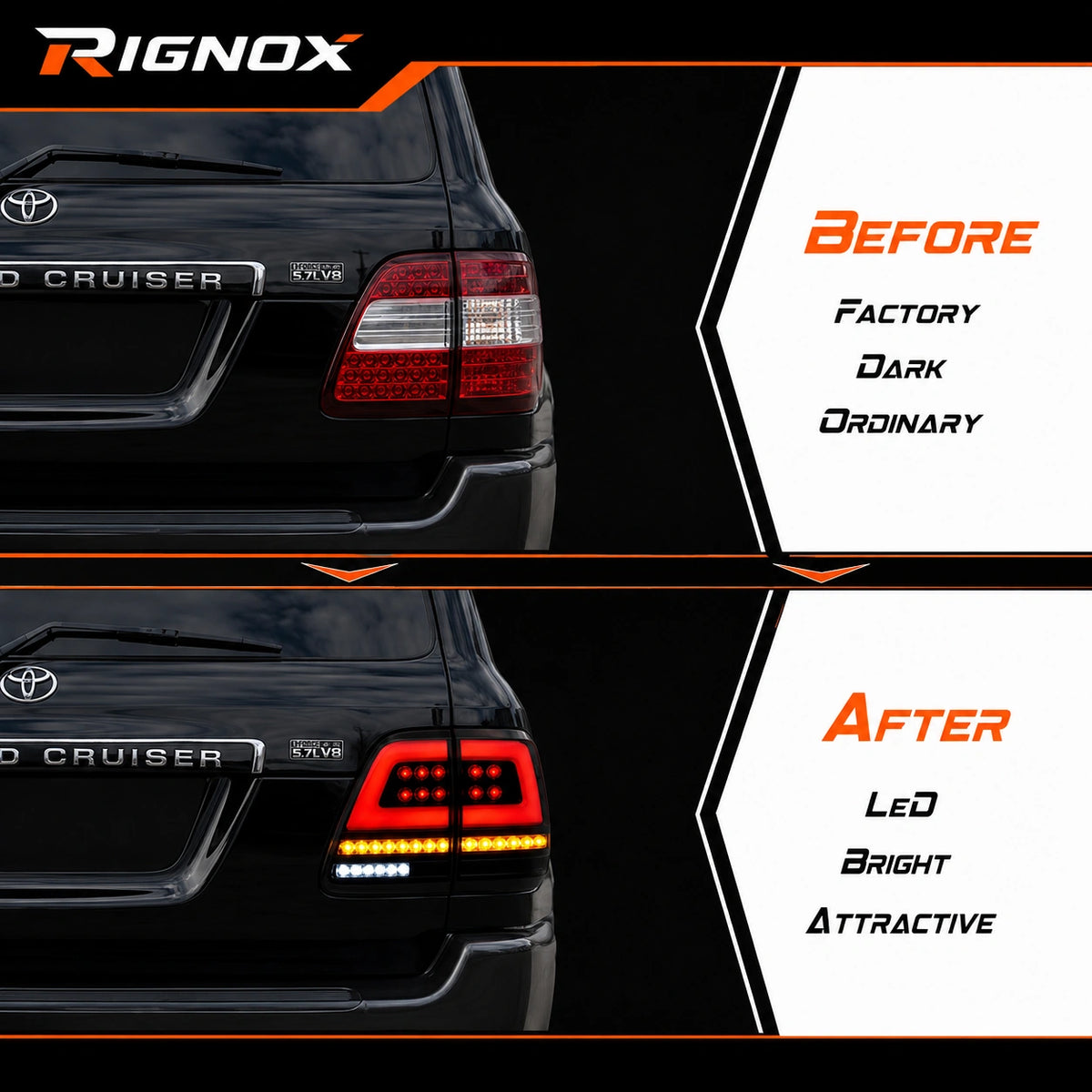 1998-2007 Toyota Land Cruiser 100 Sequential LED Tail Lights Assembly — before and after comparison — T-LC100-98-SW