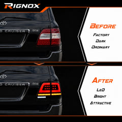 1998-2007 Toyota Land Cruiser 100 Sequential LED Tail Lights Assembly — before and after comparison — T-LC100-98-SW